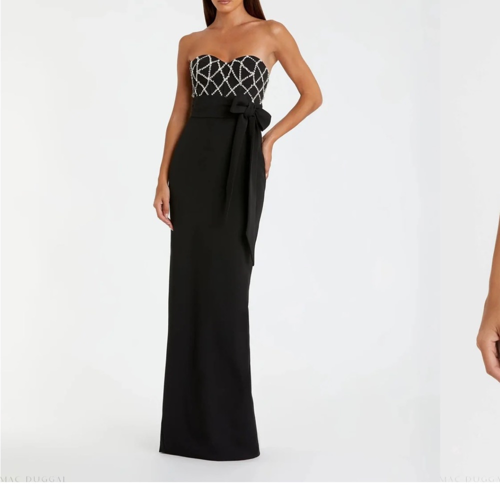 Mac Duggal Strapless Black Gown with Silver Pattern